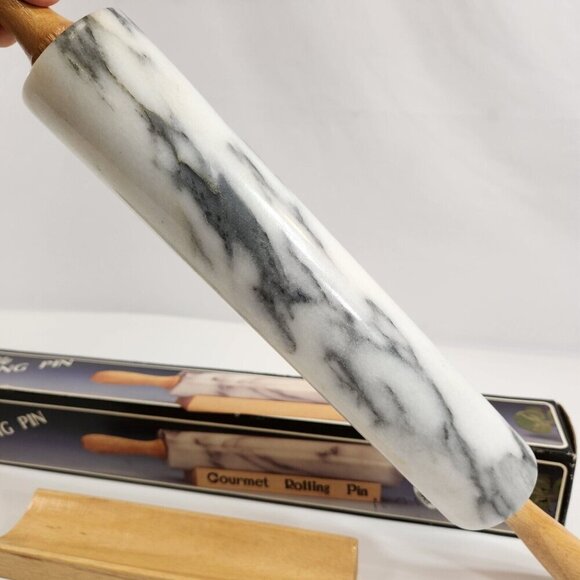 White Marble Rolling Pin Wooden Handles & Stand Gourmet Vintage Boxed - Picture 6 of 11